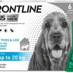 Frontline Plus Spot-On Flea and Tick Treatment packaging for medium dogs weighing 10 to 20 kg showing a dog image and green applicator pipette.