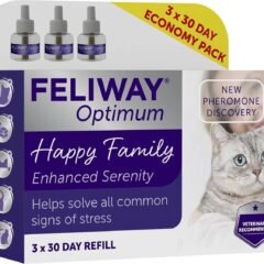 FELIWAY Optimum Happy Family 3-pack 30-day cat pheromone diffuser refills packaging showing three glass vials and a gray cat.
