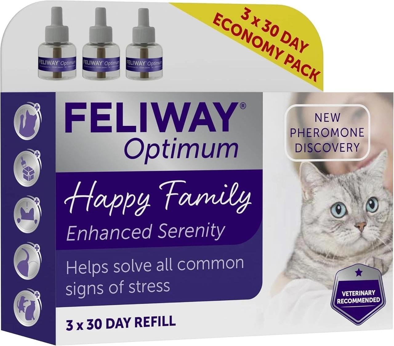 IMG-20260819-WA0167 FELIWAY Optimum Happy Family 3-pack 30-day cat pheromone diffuser refills packaging showing three glass vials and a gray cat.